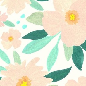 Dusky Pink Flowers with Teal Leaves | Large Version | Hand-Painted Pattern of Blooms in Pale Pink with Teal, Hunter Green, and Sage Leaves