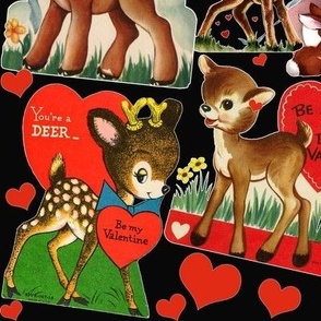 Vintage Valentines deer, red hearts on black 12 " repeat