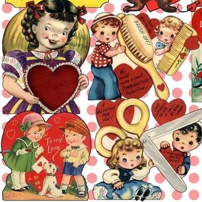Vintage Valentines on white with pink dots