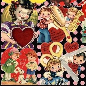 Vintage Valentines on black with pink dots