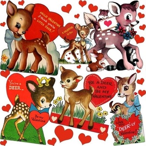 Vintage Valentines deer, red hearts on white 12 " repeat