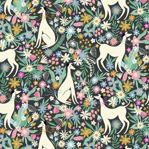 Garden party with happy dogs. White dogs and ditsy floral