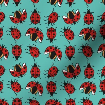 Small scale // Geometric ladybugs // mint background red and orange ladybird beetles insects
