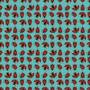 Tiny scale // Geometric ladybugs // mint background red and orange ladybird beetles insects