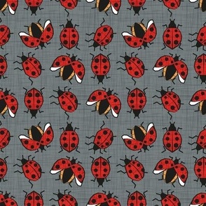 Small scale // Geometric ladybugs // green grey linen texture background red and orange ladybird beetles insects