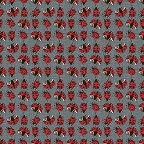 Tiny scale // Geometric ladybugs // green grey linen texture background red and orange ladybird beetles insects