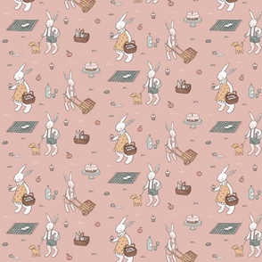 Picnic Bunnies on pink 7x7in