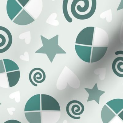 Simple pattern with hearts, stars, spirals on light background. 