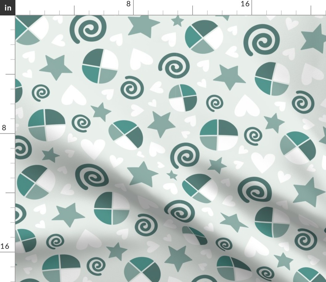 Simple pattern with hearts, stars, spirals on light background. 