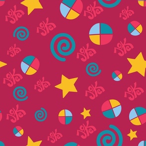 Seamless pattern with word Joke and geometric elements on dark red background. 