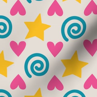 Simple pattern with hearts, stars and spirals on light background.