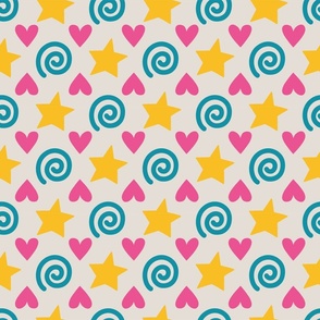 Simple pattern with hearts, stars and spirals on light background.