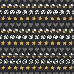 Repeat pattern with hearts, stars and spirals in a row on black background