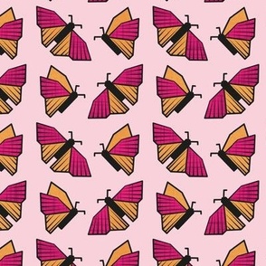 Small scale // Geometric monarch butterflies // pastel pink background fuchsia pink and orange insects