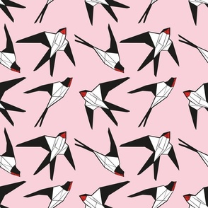 Normal scale // Geometric spring swallows // pastel pink background black and white birds neon red beak
