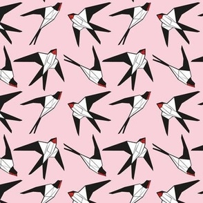 Small scale // Geometric spring swallows // pastel pink background black and white birds neon red beak