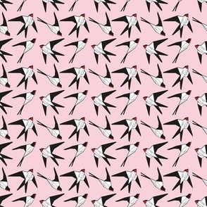 Tiny scale // Geometric spring swallows // pastel pink background black and white birds neon red beak