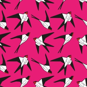 Normal scale // Geometric spring swallows // fuchsia pink background black and white birds neon red beak