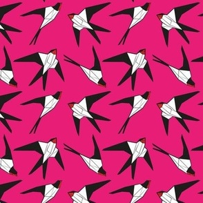 Small scale // Geometric spring swallows // fuchsia pink background black and white birds neon red beak