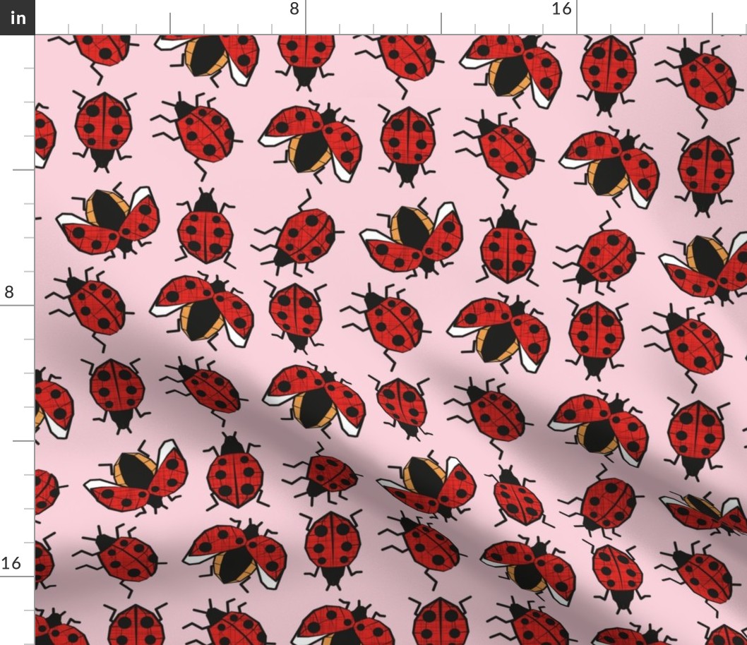 Normal scale // Geometric ladybugs // pastel pink background neon red and orange ladybird beetles insects