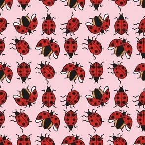 Small scale // Geometric ladybugs // pastel pink background neon red and orange ladybird beetles insects