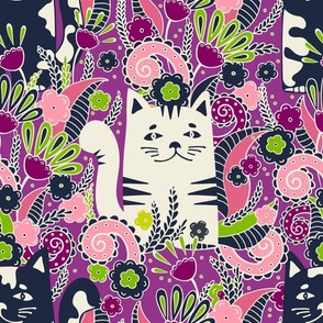 Kitten in the spring garden, Pink flowers on a burgundy background