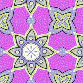 Arabesque geometric flowers in honeydew and lilac on hot pink background small