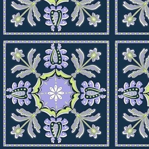 Cutout symmetrical floral posies on tiles midnightblue background small