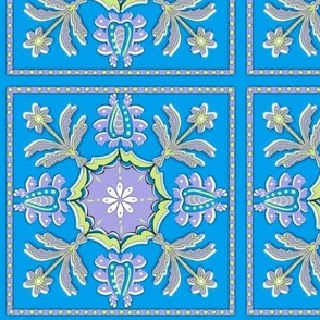 Honeydew and lilac Mediterranean symmetrical cut out flowers in tiles  handdrawn turquoise background