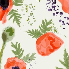 Poppies Watercolor Painted Orange-Pink Tossed Flowers On Light Green Ground Large Scale