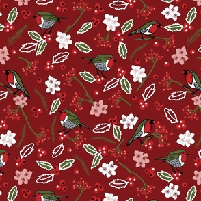 Christmas Robins and Holly Berries on dark red 