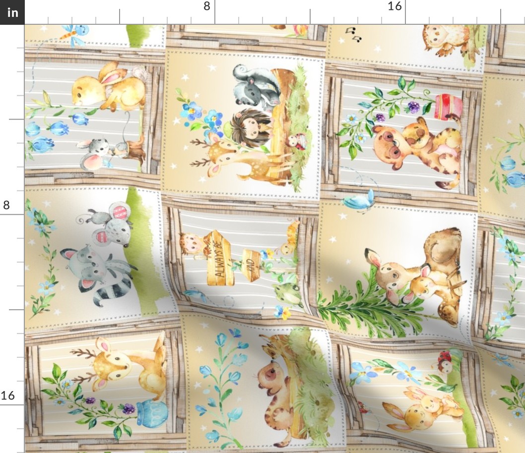 Secret Forest Animals Quilt – Gold & Neutral Patchwork Blanket, GL-CRN1, rotated