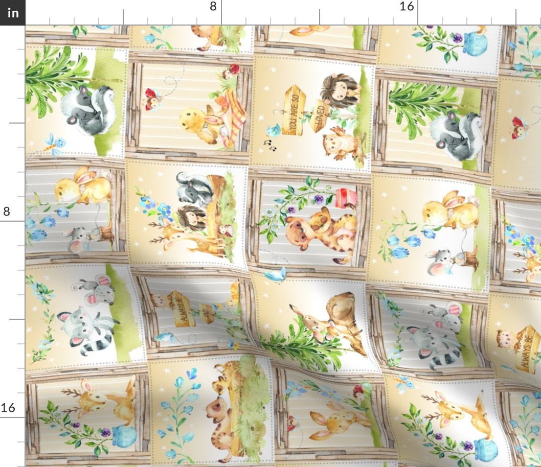 4 1/2” Secret Forest Animals Quilt – Gold & Neutral Patchwork Blanket, GL-CRN1, rotated