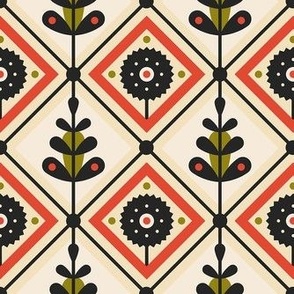 Geometric Flowers on Black, Red and Beige / Small Scale