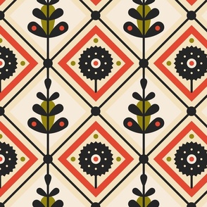 Geometric Flowers on Black, Red and Beige / Large Scale