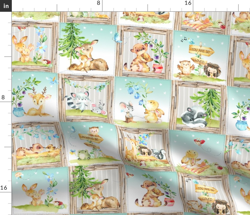 4 1/2" Secret Forest Animals Quilt – Mint Woodland Patchwork Blanket, GL-MNT