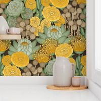 Boho Chic Flowers // Yellow, Green, Sage, Jonquil, Amber, Brown // Brown Outlines // JUMBO Scale - 150dpi