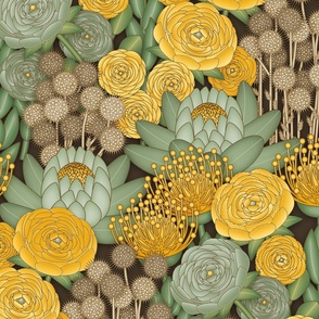 Boho Chic Flowers // Yellow, Green, Sage, Jonquil, Amber, Brown // Brown Outlines // Medium Scale - 300dpi