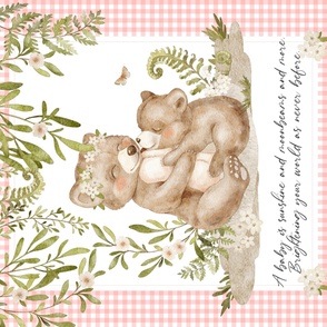 42” x 36” Blanket Panel Mama + Baby Bear, Pink Woodland Animal Bedding // REQUIRES ONE YARD