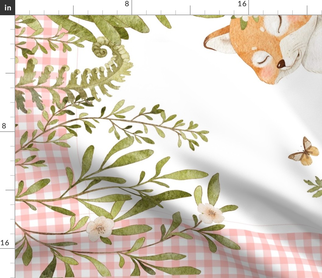 42” x 36” Blanket Panel Mama + Baby Fox, Pink Woodland Animal Bedding // REQUIRES ONE YARD