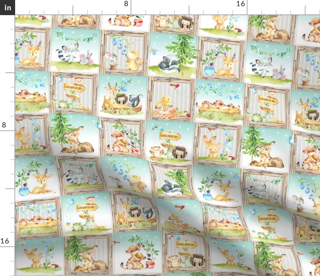3" Secret Forest Animals Quilt – Mint Woodland Patchwork Blanket, GL-MNT