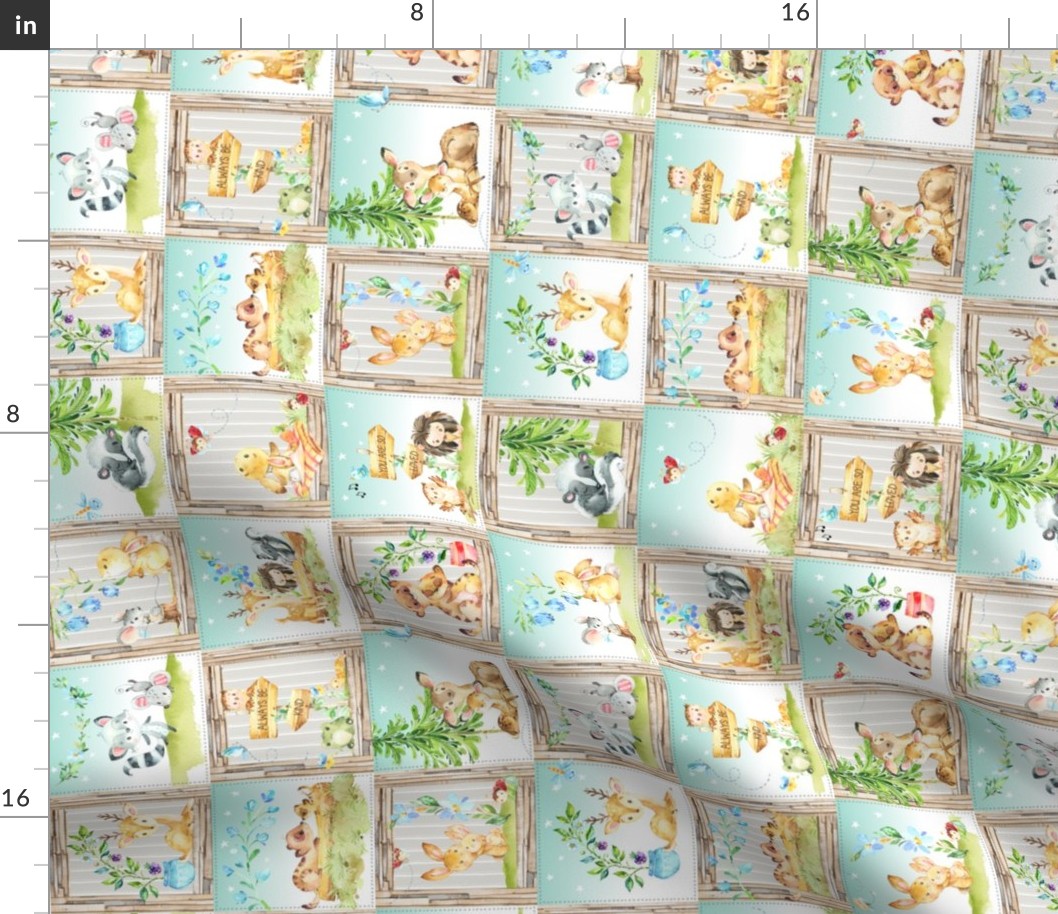 3" Secret Forest Animals Quilt – Mint Woodland Patchwork Blanket, GL-MNT, rotated