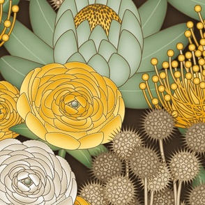 Boho Chic Flowers // Ivory, Yellow, Green, Sage, Jonquil, Amber, Brown // Brown Outlines // JUMBO Scale - 150dpi