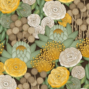 Boho Chic Flowers // Ivory, Yellow, Green, Sage, Jonquil, Amber, Brown // Brown Outlines // Medium Scale - 300dpi