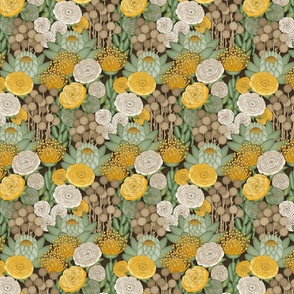 Boho Chic Flowers // Ivory, Yellow, Green, Sage, Jonquil, Amber, Brown // Brown Outlines // Tiny Scale - 800dpi