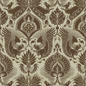 fancy damask with animals, brown