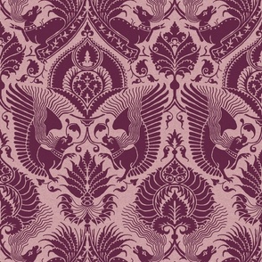 fancy damask with animals, dark cerise