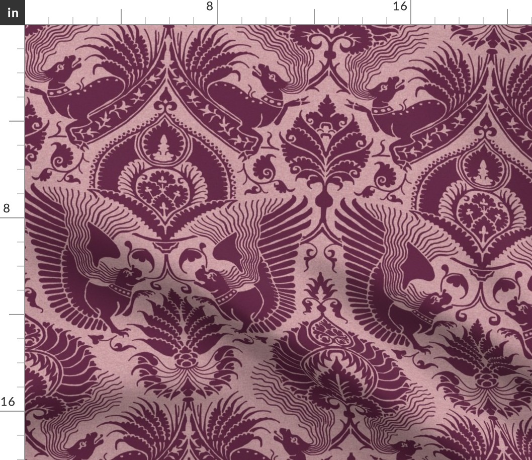 fancy damask with animals, dark cerise