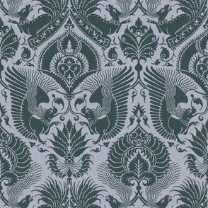 fancy damask with animals, dark slate green