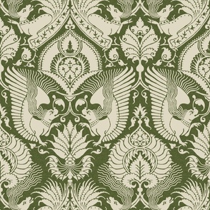 fancy damask with animals, ivory on olive green